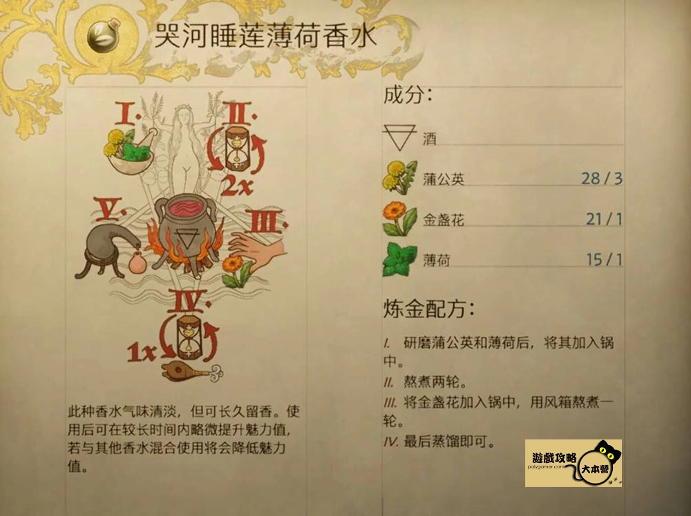 《天國 : 拯救2 / 天國降臨:救贖2》煉金配方一覽:哭河睡蓮薄荷香水(魅力) (Kingdom Come: Deliverance 2)