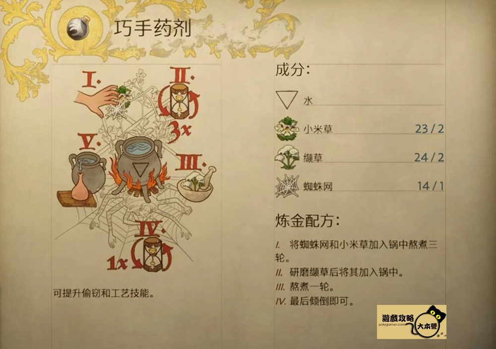 《天國 : 拯救2 / 天國降臨:救贖2》煉金配方一覽: 巧手藥劑(偷竊/工藝)(Kingdom Come: Deliverance 2)