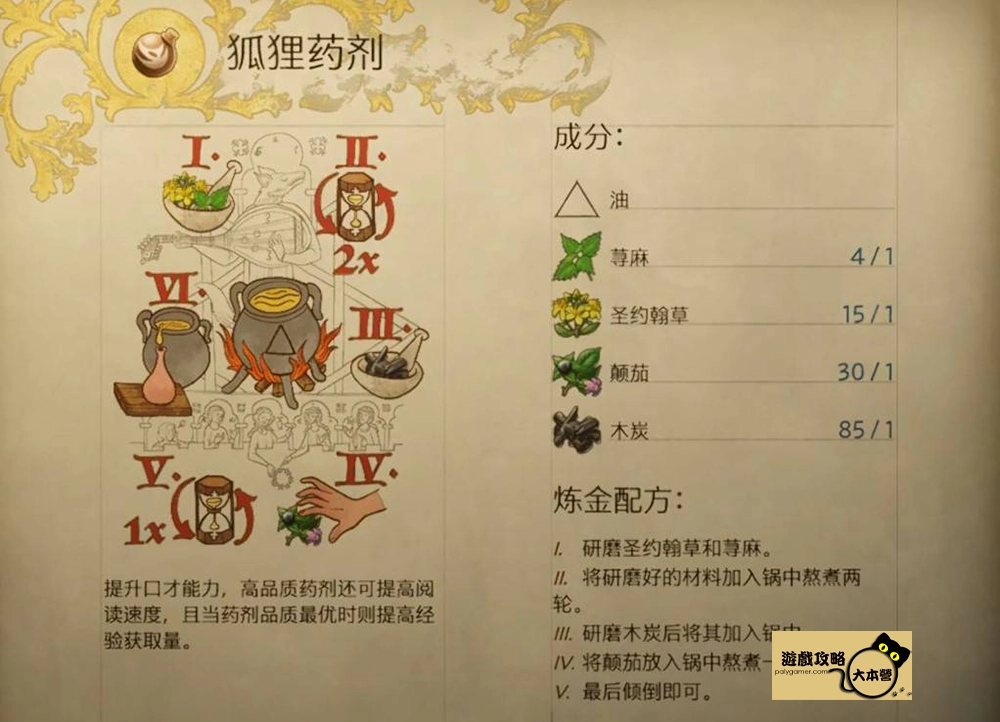 《天國 : 拯救2 / 天國降臨：救贖2》煉金配方一覽：狐狸藥劑（口才） (Kingdom Come: Deliverance 2)